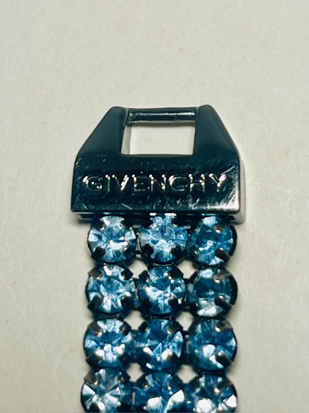 Signed Givenchy Bracelet | Blue Triple-Row Rhinestones set in Gunmetal Backing